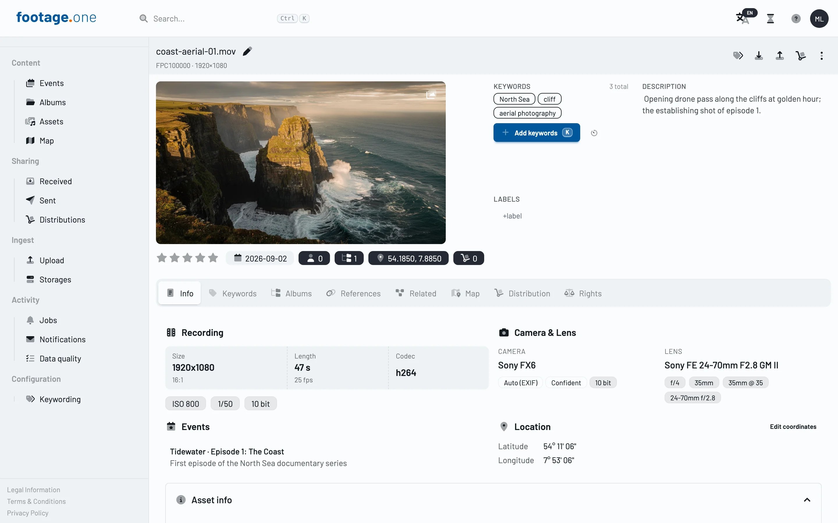 Asset-Detailansicht mit Metadaten und Keywords