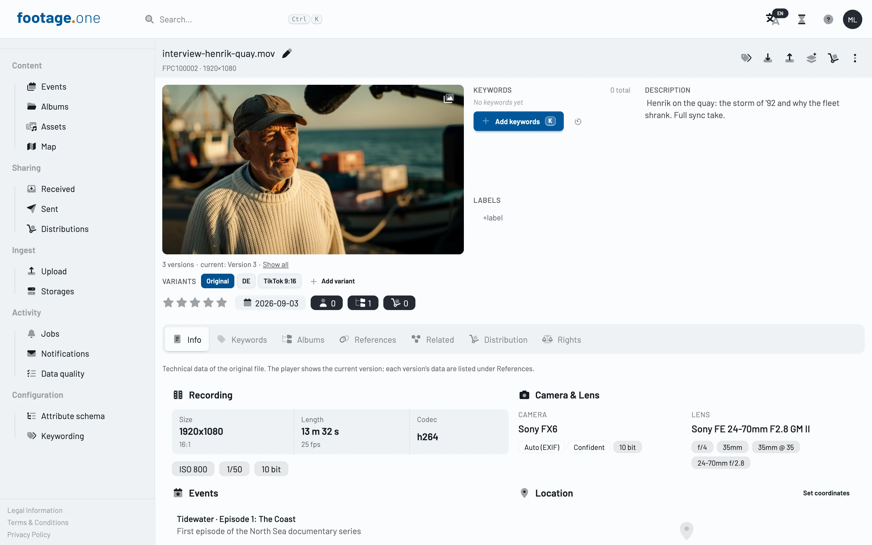 Asset-Detailansicht mit Versionszeile und Varianten-Leiste unter dem Player